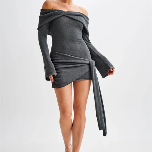 Load image into Gallery viewer, Off-shoulder Knit Mini Dress For Women Autumn Winter New Strapless Backless Long Sleeve Ruched Draped Knitted Dress
