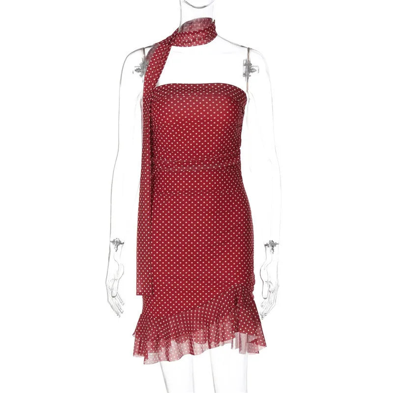 Scarf Collar Polka Dot Mini Dress Women Robe Fashion Off-shoulder Backless Sleeveless Ruffled Club Party Dress Vestido
