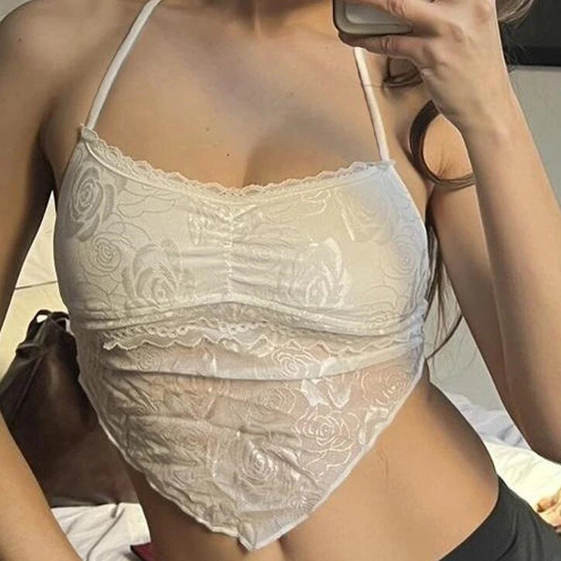 Fashion Backless White Sexy Lace Top Camisole Mini Folds Club Party Summer Crop Tops Women Holidays Y2K Aesthetic Hot