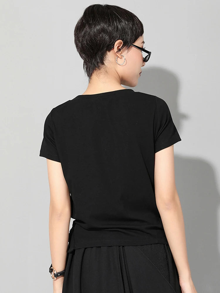 Women Black Irregular Hem Pleated Casual T-shirt New Round Neck Short Sleeve Fashion Tide Spring Summer 2025 1DJ1766