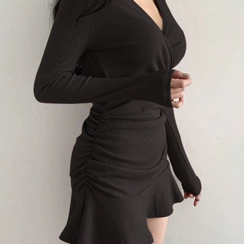 Load image into Gallery viewer, Spring Summer Black Mini Dress Women Casual Wrap Bodycon Long Sleeve Short Dresses V-neck Ruched Robes Female
