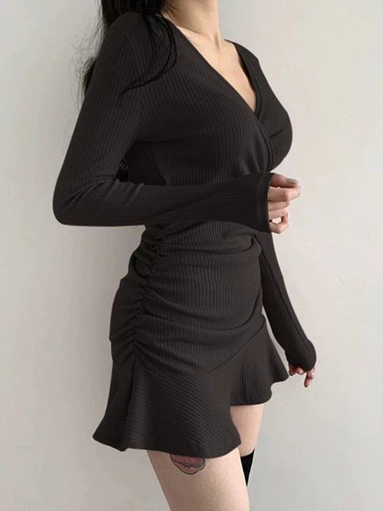 Spring Summer Black Mini Dress Women Casual Wrap Bodycon Long Sleeve Short Dresses V-neck Ruched Robes Female
