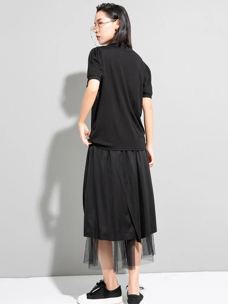 Women White Pleated Spliced Big Size Casual T-shirt New Round Neck Short Sleeve Fashion Tide Spring Summer 2025 1DJ1055