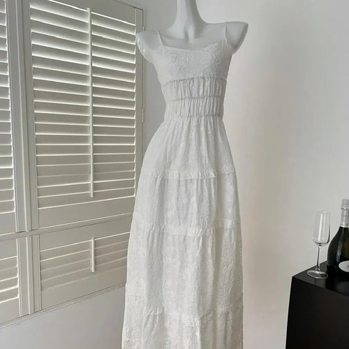 Load image into Gallery viewer, Summer French Vintage Pink Elegant Slim Backless Party Dress Women White High Waist Sleeveless Ruffle Edge Slip Long Dress Trend
