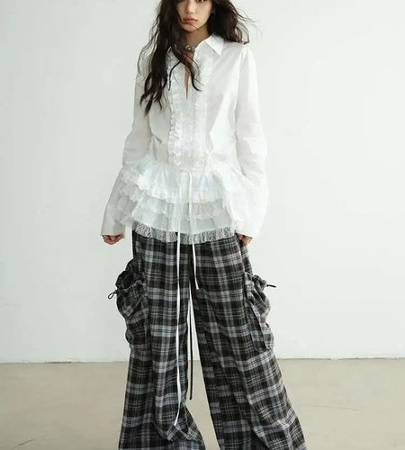 High Elastic Waist Gray Plaid Big Pocket Long Casual Pants New Trousers Women Fashion Tide Spring Autumn 2025 1DH8256