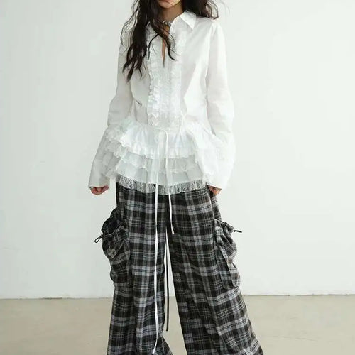 Load image into Gallery viewer, High Elastic Waist Gray Plaid Big Pocket Long Casual Pants New Trousers Women Fashion Tide Spring Autumn 2025 1DH8256
