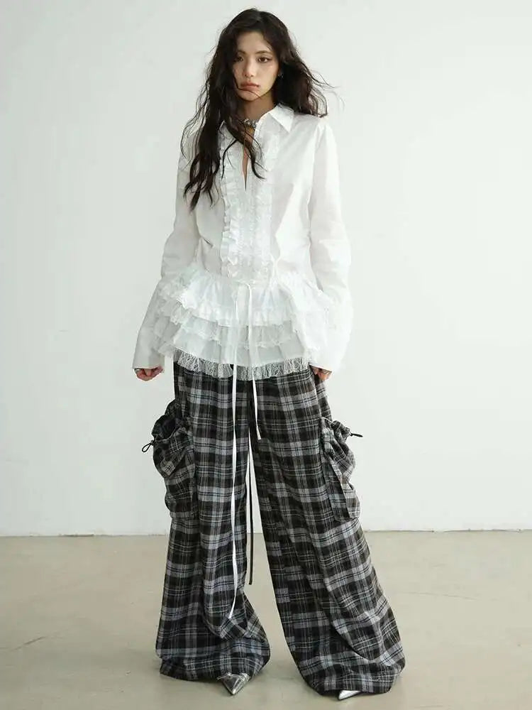 High Elastic Waist Gray Plaid Big Pocket Long Casual Pants New Trousers Women Fashion Tide Spring Autumn 2025 1DH8256