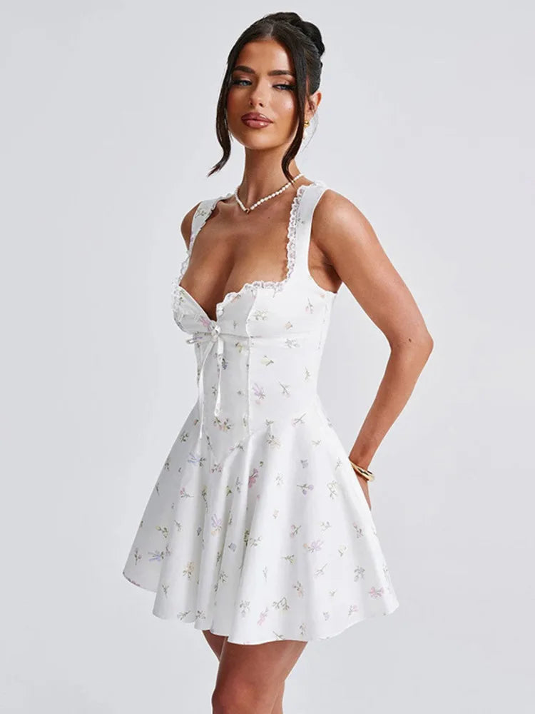 Sexy Sleeveless Deep V Backless Pleated Women Dress 2024 Autumn New Hip Skirt Bodycon Sexy Slim Fit Printed Lace Dress