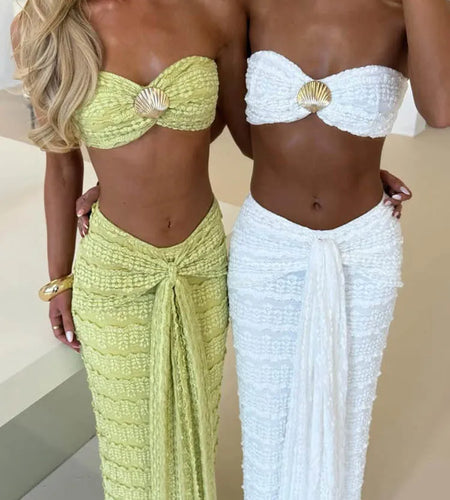Metal Shell Sequins Skirt Two Piece Sets Women Fashion Strapless Crop Tops And Maxi Skirt Beach Club Party 2 Piece Set