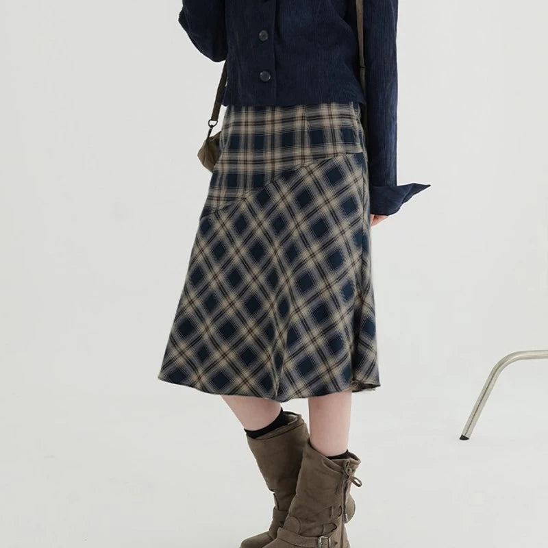 Vintage y2k England Style Midi Skirt Japanese Korean Chic Plaid Skirt Women Stitched Bottoms Preppy Checkered Outfits