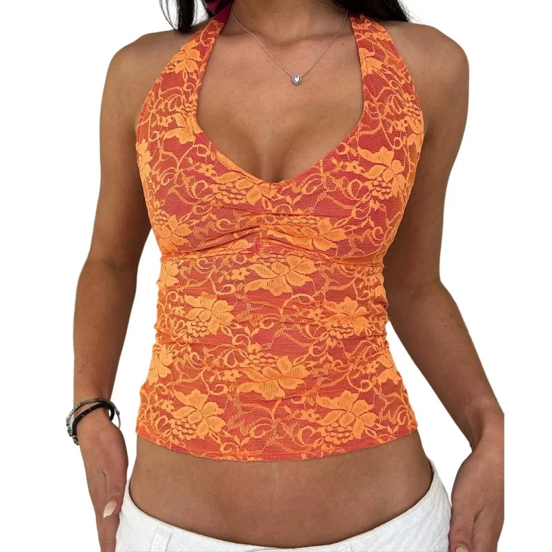 y2k Lace Tops Women Clothing Summer Deep V Neck Floral Sleeveless Backless Halter Neck Tanks Coquette Clothes Clubwear