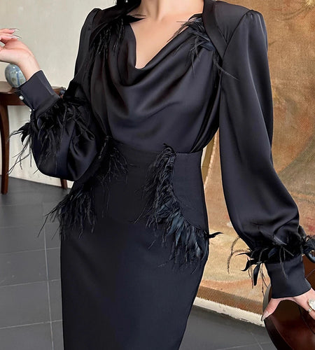 Solid Slimming Spliced Folds Elegant T Shirts for Women Swinging Neck Long Sleeves Patchwork Feather T Shirt Female