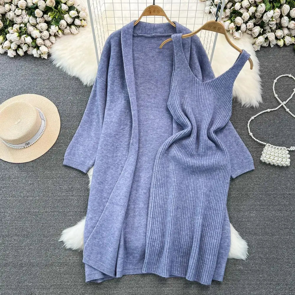 Autumn Thick Warm Solid Knitted Suit 2023 Stripe V Neck Vest Dress+ Loose Long Cardigans Sweater Home Wear Casual Two Pieces Set