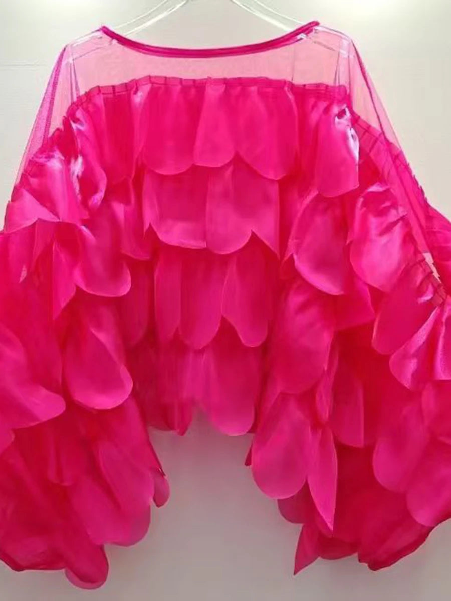 Solid Sheer Spliced Ruffles Folds Fashion Blouses for Women Round Neck Long Sleeves Elegant Blouse Female Clothing