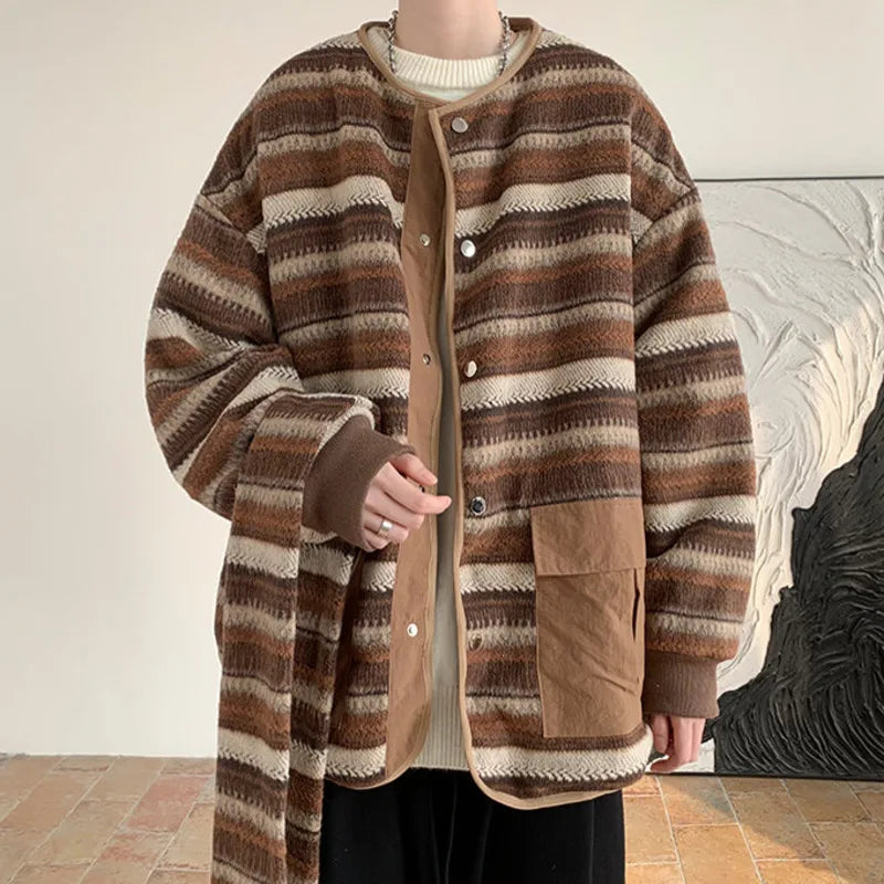 Striped Jacket Scarf Big Pocket  Thickening Round Neck Button Contrast Color Fall Winter 2024 Casual Men's Top 9C8749