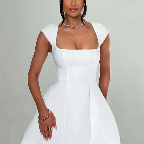 Load image into Gallery viewer, Square Collar Short Sleeve Mini Dress For Women Robe New Fashion Solid A-line Loose High Waist Short Dress Elegant
