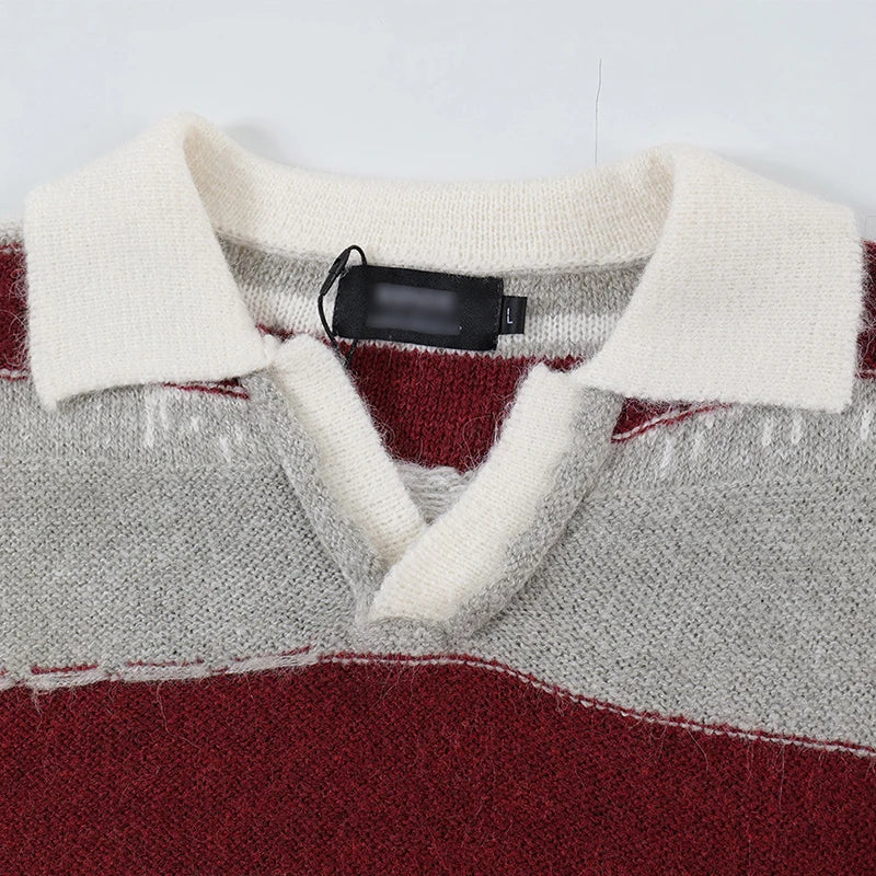 Men's Sweater New Korean Striped Turn-down Collar Contrast Color Design Personality Male Pullover Clothing Spring 9W1895