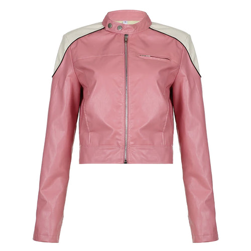 Load image into Gallery viewer, Fashion Pink Stripe Spliced Autumn Jacket for Women Zip Up PU Leather Coat Korean Streetwear Winter Jackets Contrast

