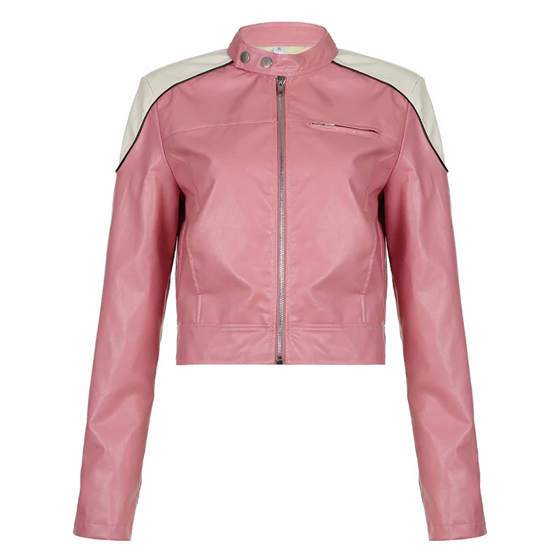 Fashion Pink Stripe Spliced Autumn Jacket for Women Zip Up PU Leather Coat Korean Streetwear Winter Jackets Contrast