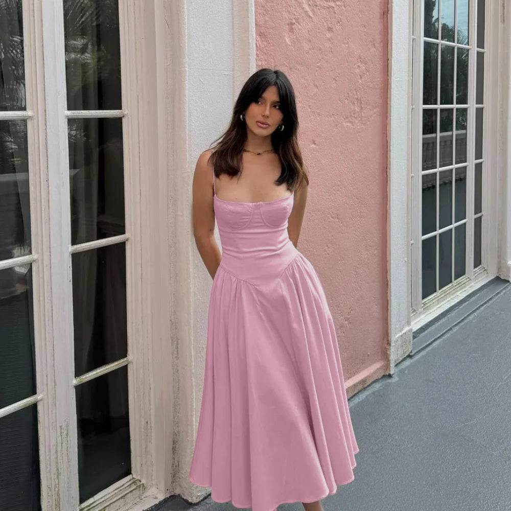 Pink Summer Dress 2024 New Arrivals Spaghetti Strap Elegant Midi Dress Fit and Flare Dress Sexy Women's Clothing
