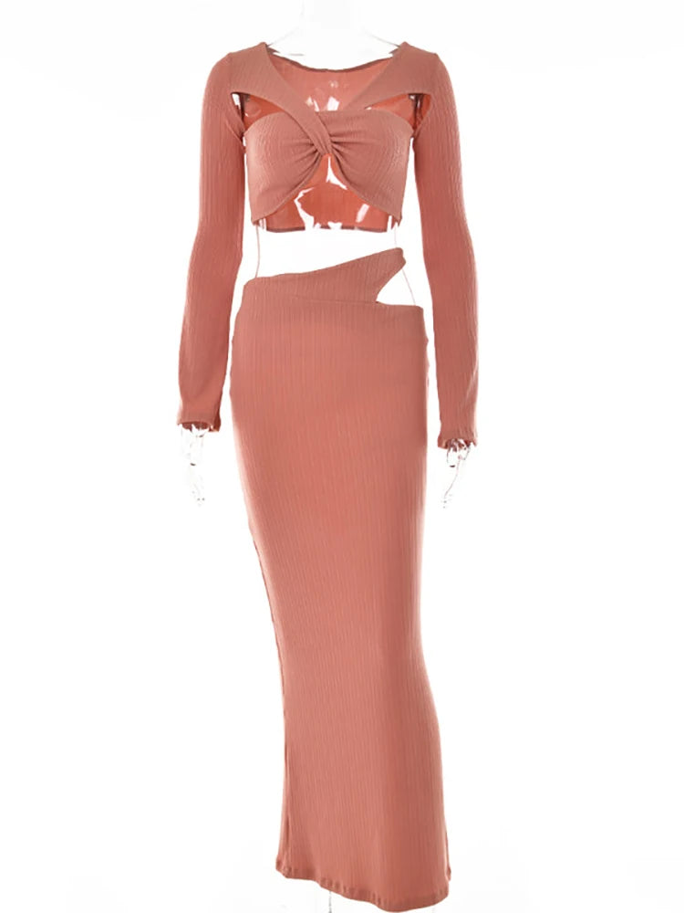 Sexy V-neck Hollow Out Maxi Dress Women Brown Long Sleeve Elegant Dress Female Summer Skinny Fashion Party Clubwear 2022