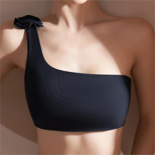 Load image into Gallery viewer, Off-shoulder Bra Solid Color Sports Tops Woman Gym White Black Sports Bra Sexy One-Shoulder Split Women&#39;s Flower Yoga Clothes

