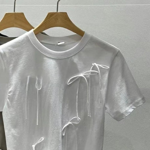 Load image into Gallery viewer, Y2k Aesthetic Vintage Summer Bow Tees  Women Harajuku Grunge Bottoming Crop Top 2025 Slim Streetwear Solid Sweet Cute Tshirts
