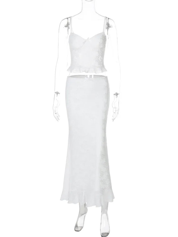 Lace Sexy Two Piece Sets Women Spaghetti Strap Sleeveless Crop Tops And Long Skirt Matching Sets Elegant Club Sets