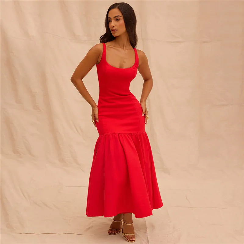 Backless Maxi Fishtail Dress For Women Gown Fashion Square Collar Sleeveless Loose Pleated Long Dress Elegant Dresses