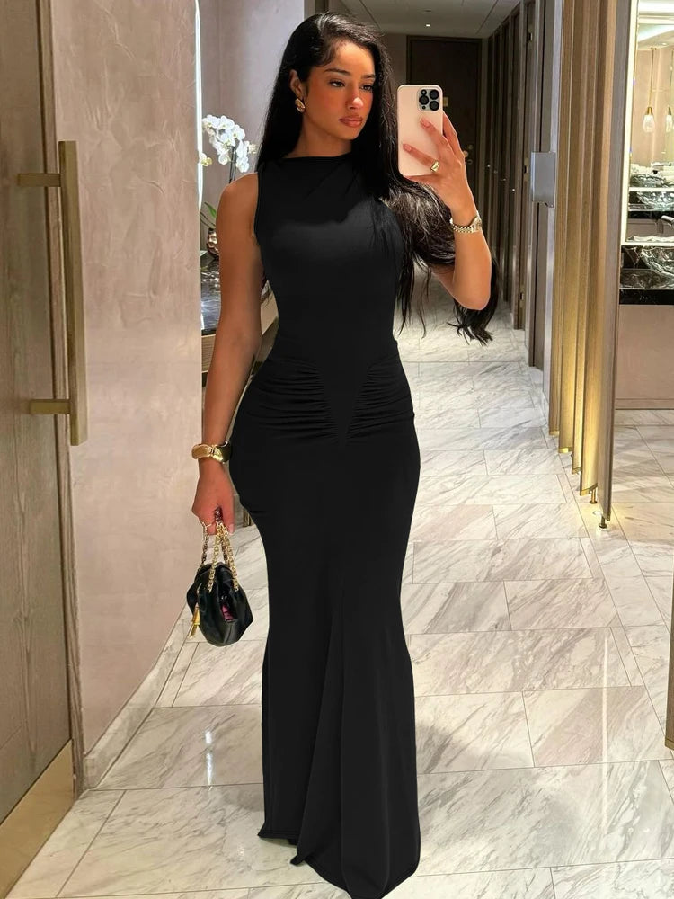 Elegant Solid Sleeveless Draped Sexy Bodycon Maxi Prom Dress Summer Women Fashion Y2K Clothes Wedding Birthday Party