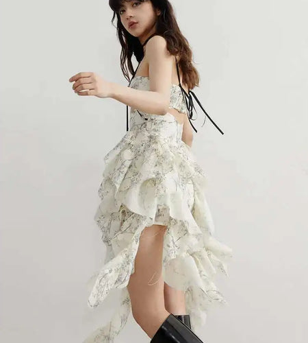 Women Printed Hollow Out Ruffles Mini Irregular Strapless Dress New Sleeveless Fashion Tide Spring Summer 2025 1DH6272