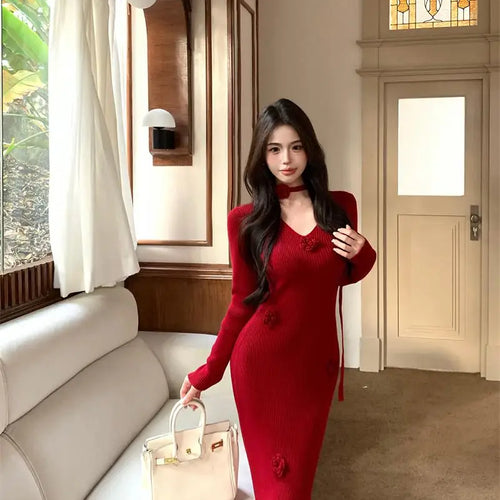 Load image into Gallery viewer, New Solid Flower Decorate V Neck Long Sleeve Knitted Dress Autumn Winter French Fashion Slim Long Sleeves Elegant Wrap Hip Dress
