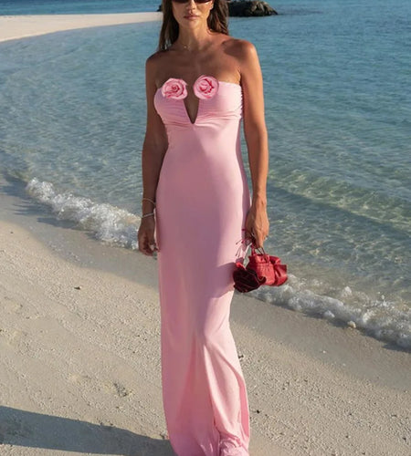 Rose Strapless Sexy Maxi Dress Women Pink Gown Off-shoulder V Neck Backless Sleeveless Bodycon Beach Club Long Dress