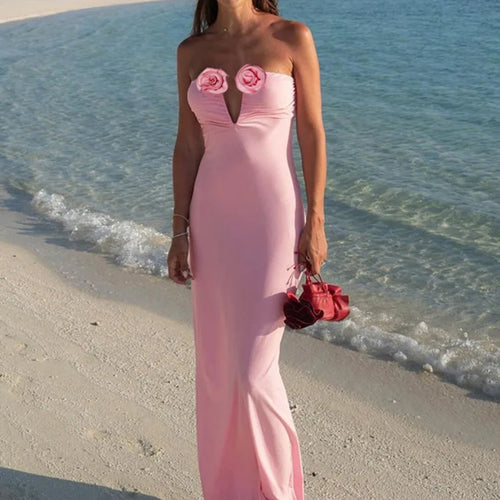 Load image into Gallery viewer, Rose Strapless Sexy Maxi Dress Women Pink Gown Off-shoulder V Neck Backless Sleeveless Bodycon Beach Club Long Dress
