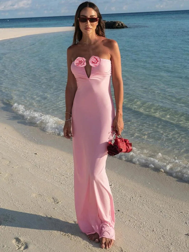 Rose Strapless Sexy Maxi Dress Women Pink Gown Off-shoulder V Neck Backless Sleeveless Bodycon Beach Club Long Dress