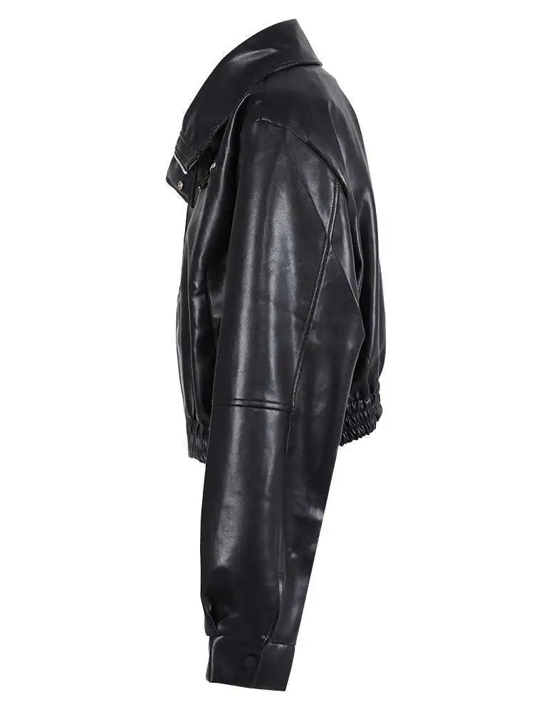 Loose Fit Green Pu Leather Big Size Casual Jacket New Lapel Long Sleeve Women Coat Fashion Tide Spring Autumn 2025 CPG0419