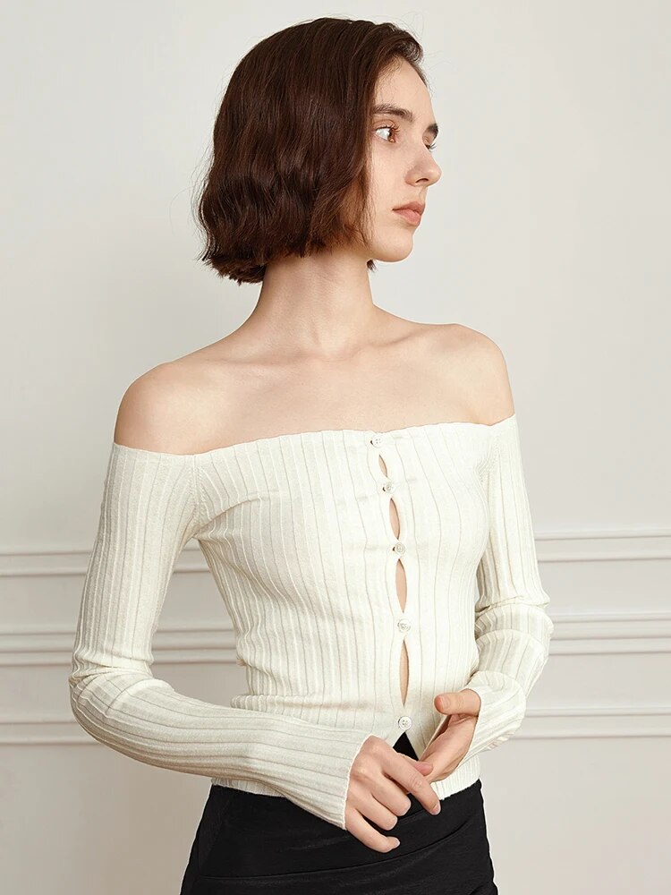 Solid Slim Knit Sweaters For Women Slash Neck Cold Shoulder Long Sleeve Patchwork Single Breasted Sweater Female