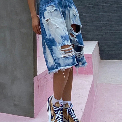 Load image into Gallery viewer, Patchwork Pockets Hole Denim Shorts For Women High Waist Hit Color Raw Hem Casual Wide Leg Pants 2023 Loose Clothing Style
