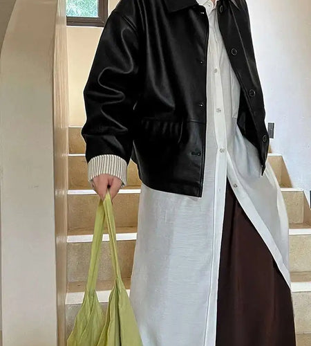 PU Leather Brown Big Size Short Vintage Jacket New Lapel Long Sleeve Women Coat Fashion Tide Spring Autumn 2025 1DH7206