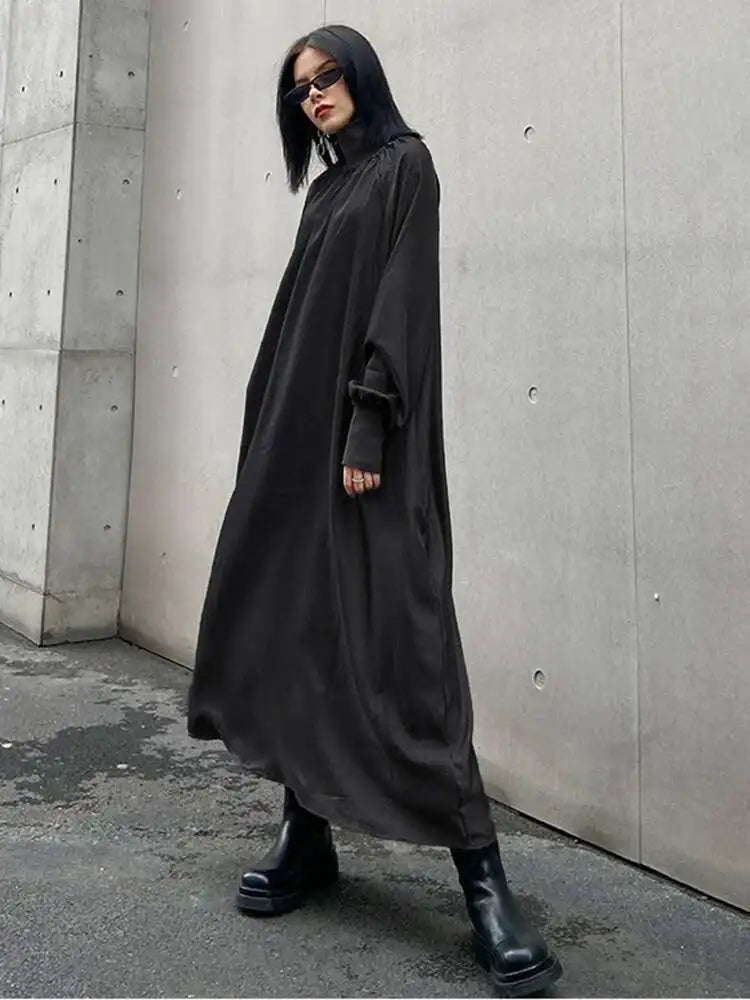 Women Gray Brief Long Big Size Elegant Dress New Turtleneck Long Sleeve Loose Fit Fashion Tide Spring Autumn 2025 1DH0252
