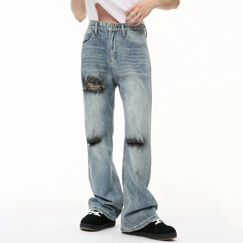 Summer Men's Jeans Hole Graffiti Contrast Color Menwear Straight Wide Leg Casual Male Denim Pants High Street 9C6510