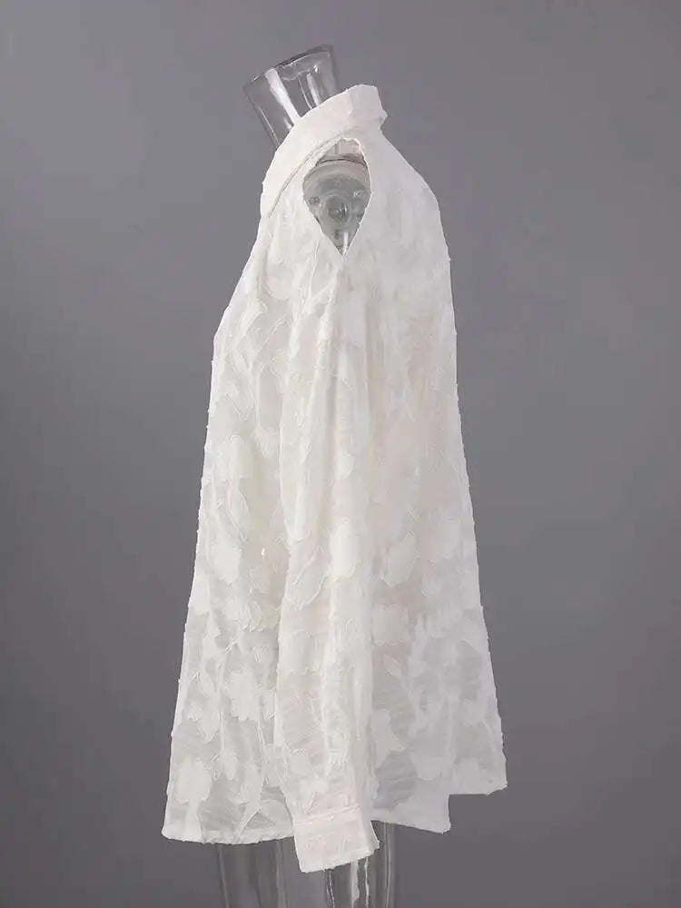 Women Beige Perspective Off Shoulder Big Size Blouse New Lapel Long Sleeve Shirt Fashion Tide Spring Autumn 2025 CPG2914