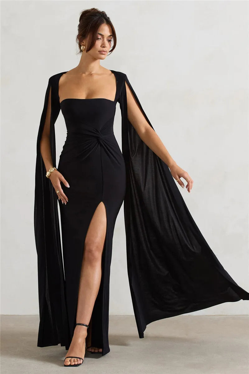 Long Cape Sleeve Split Maxi Dress For Women Gown Fashion Solid Square Collar Evening Sexy Long Dress Elegant New