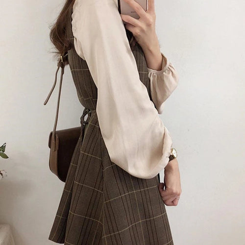 Load image into Gallery viewer, Cute Mini New Year Date Dresses Sleeveless Vest Women Korea Japanese Style Design Retro Vintage Plaid Button Shirt Dress
