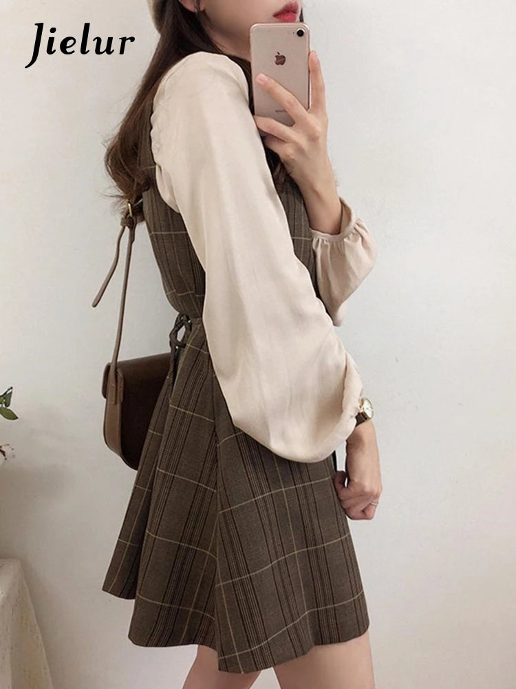 Cute Mini New Year Date Dresses Sleeveless Vest Women Korea Japanese Style Design Retro Vintage Plaid Button Shirt Dress