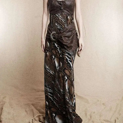 Load image into Gallery viewer, Women Coffee Leopard Printed Long Spaghetti Strap Dress New Square Collar Sleeveless Fashion Spring Autumn 2025 1DH8446
