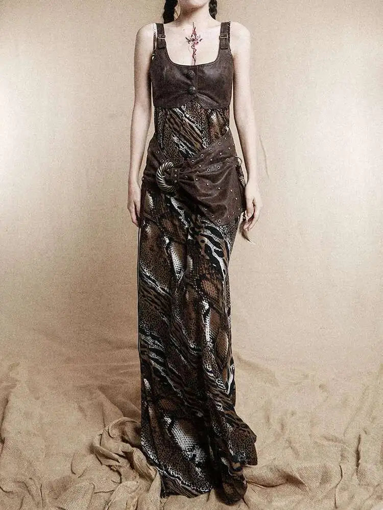 Women Coffee Leopard Printed Long Spaghetti Strap Dress New Square Collar Sleeveless Fashion Spring Autumn 2025 1DH8446