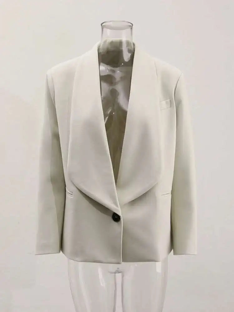 Women Beige Single Button Pleated Big Size Short Blazer New Lapel Long Sleeve Jacket Fashion Tide Spring Autumn 2025 Beige