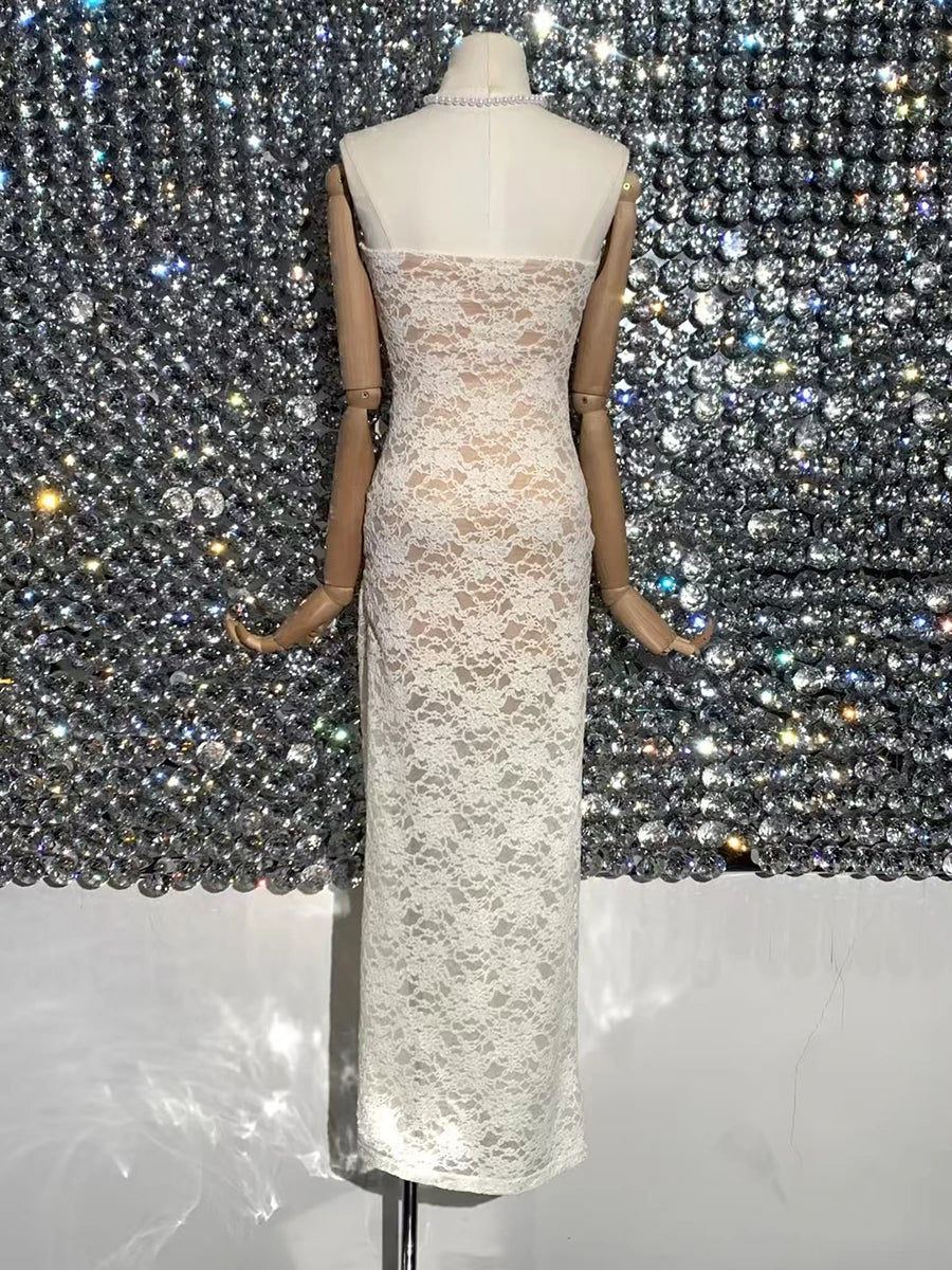 Solid Spliced Lace Up Slimming Dresses For Women Strapless Sleeveless High Wist Temperament Long Dress Female New