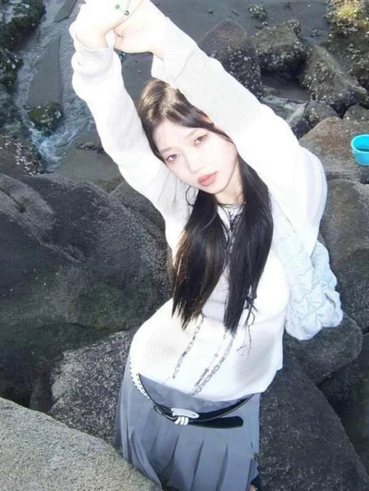 Japanese Harajuku Sweaters Women Casual Loose Knitted Pullover Chain Letter Patchwork Print Streetwear Vintage Aii Match Jumper